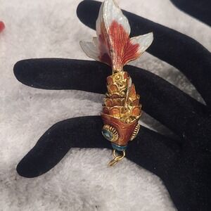 Articulated Koi Fish Pendant Gold Tone Enamel Rhinestone Blue Eyes Moveable